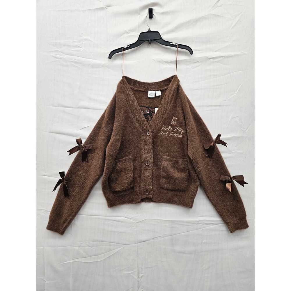Sanrio Hello Kitty and Friends Brown Fuzzy Cardigan Ribbon Bows Sweater Medium